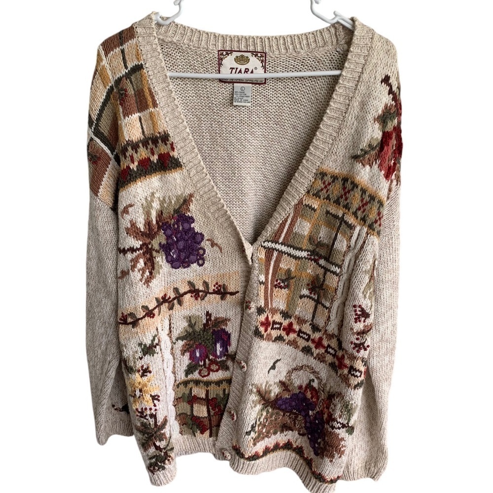 Vintage Tiara International Knit Fall Winter Cozy Embroidery Cardigan Sweater L